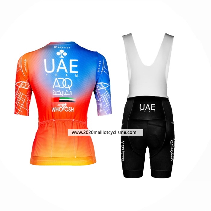 2024 Maillot Cyclisme Femme UAE Bleu Orange Manches Courtes Et Cuissard